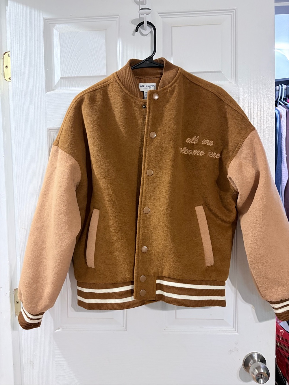 Arizona Jean Co All Are Welcome Here Unisex Varsity Jacket Brown Tan S